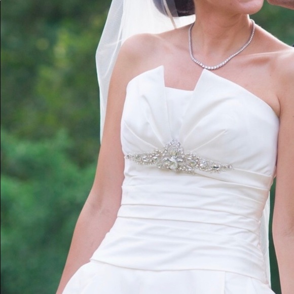 Satin Strapless Ball Gown Classic Beaded Appliqued Dress White